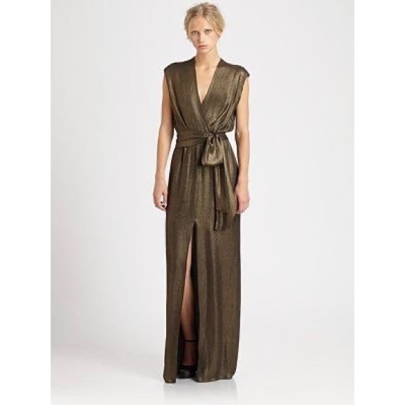 L'agence Metallic Olive-Gold Wrap Maxi Dress